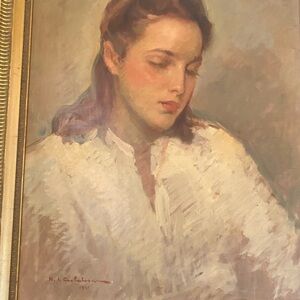 Vintage Portrait Painting of a Woman, signed by a famous Romanian painter.
